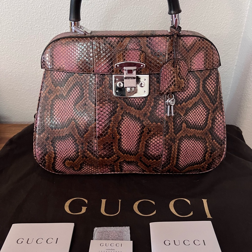 RARE GUCCI LADY LOCK PYTHON BAMBOO TOP HANDLE